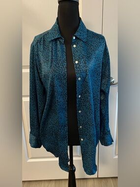 Zara Turquoise Blue and Black Leopard print button down Shirt Blouse